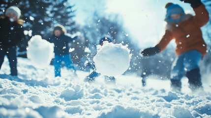 Children playing snowball fight in sunny winter day, Kids having fun throwing snowballs in snowy landscape, Outdoor playtime activity concept