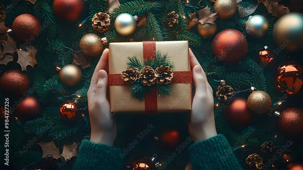 Poster Person holding a beautifully wrapped gift surrounded by Christmas decorations and festive ornaments