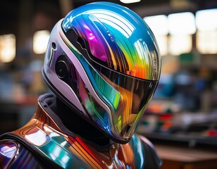 Fototapeta premium Close-up detail of the helmet of an android from the future, iridescent color and stripes on the paint, background of a futuristic workshop. 50mm photography