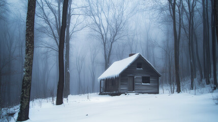 Snow-covered cabin in foggy winter forest, cozy retreat in the woods, peaceful nature scene, winter wonderland concept