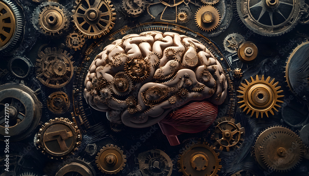 Wall mural A brain is surrounded by gears and cogs, creating a sense of complexity