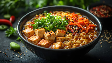 A vibrant bowl of ramen topped with tofu, green onions, and colorful vegetables on a dark background.