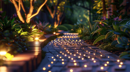 A solar-powered outdoor lighting system illuminating a garden pathway, with soft lights embedded in the ground, showcasing sustainable and energy-efficient design