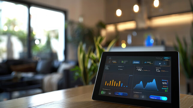 A smart home interface on a tablet showing energy usage statistics, with efficient lighting controls, demonstrating the benefits of monitoring and optimizing energy use