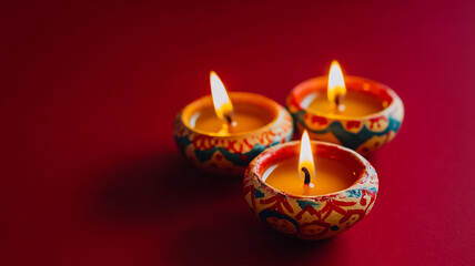 Colorful diyas glowing during Diwali celebrations on a festive table