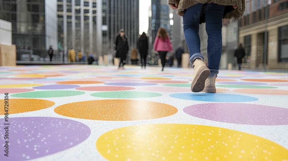 Sticker Vibrant Steps: A Person Walking on a Colorful Floor Showcasing an Artistic Blend of Colors and Patterns, Evoking a Sense of Joy and Movement