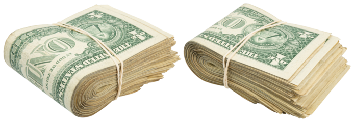 Stack of one dollar American bills. Cash wad roll. Money rolled in half with rubber band. Green USA bank notes. USD banking saving 1$ bills. Isolated background. Paper money note. Business success. 