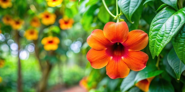 Vibrant tropical Thunbergia mysorensis flower hanging in a lush garden setting , Exotic, Tropical, Vibrant, Botanical