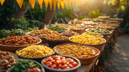 A vibrant outdoor food market featuring an array of colorful dishes served in bowls, surrounded by lush greenery and festive decorations.