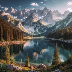 Fototapeta premium Serene Alpine Lake with Snow-Capped Peaks and Lush Greenery Reflecting in Clear Water