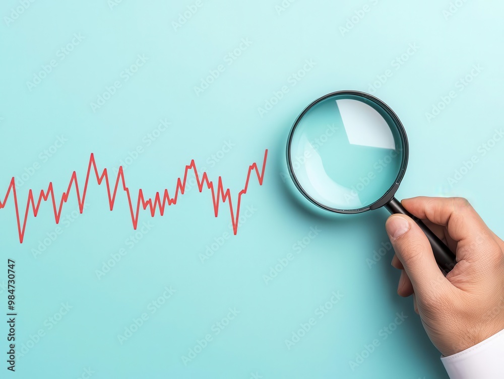 Wall mural abstract depiction of a person holding a magnifying glass over a chart showing market gaps and oppor