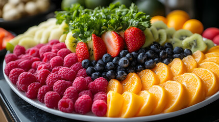 Colorful fruit platter featuring strawberries, blueberries, kiwi, and citrus, perfect for events and healthy snacking.