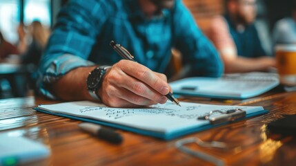 Obraz premium Man Writing in Notebook at a Cafe