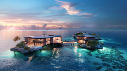 Obraz premium A luxury lifestyle where personal islands drift across the ocean, offering constantly changing views and experiences as they float from one paradise to another