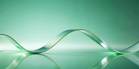 Fototapeta premium Curved glass ribbon with reflective water surface on minimalist abstract light green background, curved, glass