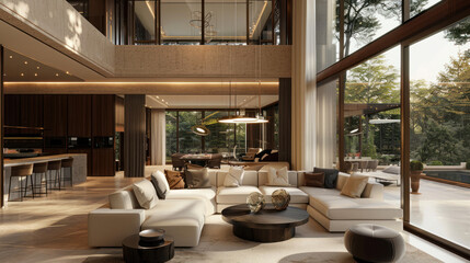 Fototapeta premium A luxury interior design where the lighting is controlled by the movement of the sun, with windows that adjust to bring in the perfect amount of natural light throughout the day