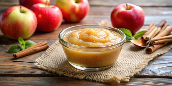 Close-up shot of a portion of applesauce on a background, portion, applesauce,background, selective focus, close-up shot, food