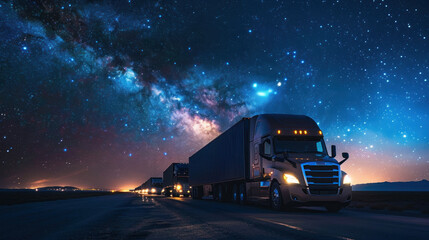 A line of trucks moving in unison under a starry night sky, with the road illuminated by their headlights, and the distant city lights just visible on the horizon