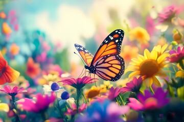 A beautiful butterfly rests on vibrant flowers in a colorful garden. The image captures the essence of nature. It is bright and lively. Generative AI