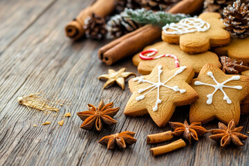 Christmas homemade gingerbread cookie and spices over wooden table. Space for text.