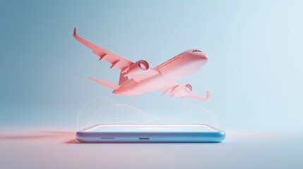 Fototapeta premium Pink airplane flying from a smartphone screen.