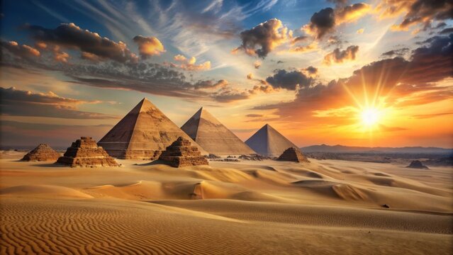 Fictional Egyptian desert landscape with pyramids at sunset , Egypt, pyramids, ancient, monuments, desert, sand, sunset, fantasy