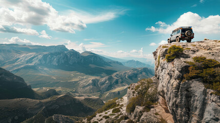 A rugged truck parked on the edge of a cliff after conquering a challenging off-road route, with breathtaking views of the mountains and valleys below