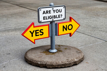 Metal pole with a sign on top has two arrows pointing in opposite directions, each labeled with the text word "YES" and "NO" against question "ARE YOU EL
