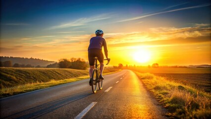 Obraz premium Cycling on the road towards the setting sun , Cycling, road, sunset, exercise, outdoors, healthy lifestyle, journey, adventure