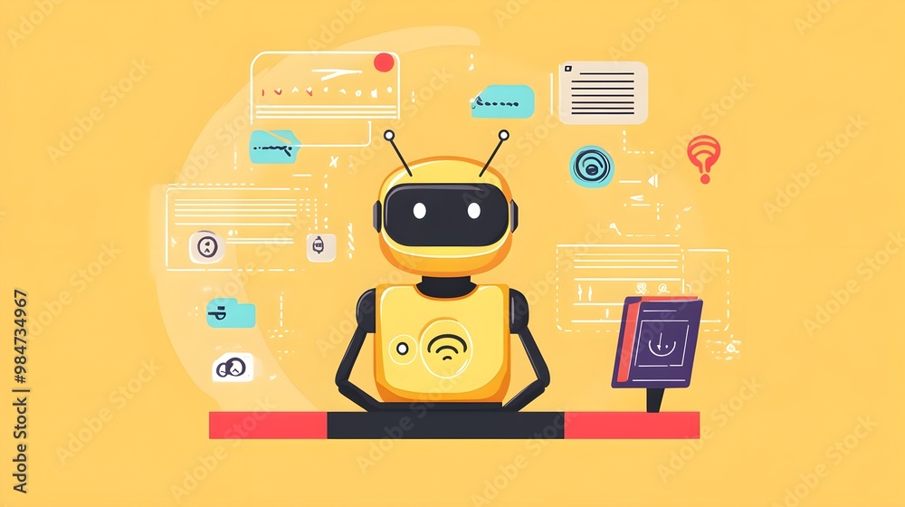 Poster friendly yellow ai robot at computer desk with user interface elements