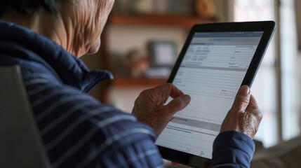 A person using a tablet to report identity theft related to their Social Security number, with a form open on the screen and a serious expression on their face