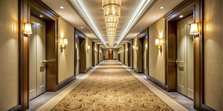 Long hotel corridor with elegant lighting and modern decor, hotel, corridor, elegant, lighting, modern, decor