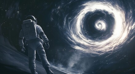 A lone astronaut is standing in front of a black hole. High quality digital space art and realistic visualizations