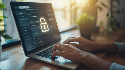 A person reviewing their Social Security statement online with a padlock icon on the screen, symbolizing the need for secure access to prevent identity theft