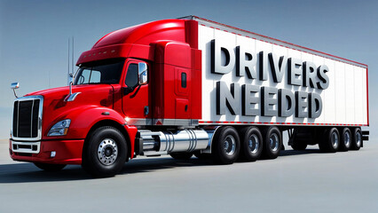 A red semi-truck with the word text phrase "DRIVERS NEEDED" written on it