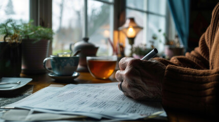 A person filling out Social Security survivor benefits forms at home, with a cup of tea and a quiet, peaceful environment, focusing on securing their family's future