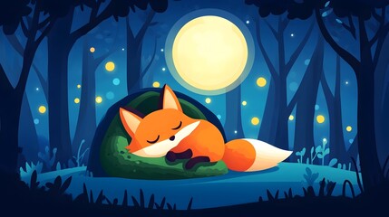 Fototapeta premium Serene Forest Glade with Sleeping Fox Curled Up in Moonlit Dreamscape