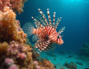 a lionfish swimming near a coral reef underwater