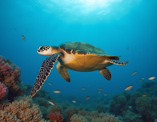 Fototapeta premium A graceful sea turtle gliding