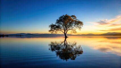 Fototapeta premium Tranquil tree silhouette shadow art reflecting in calm lake , nature, serene, peaceful, reflection, water, sunset, tranquil