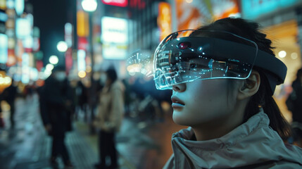 A modern lifestyle where people wear augmented reality glasses that overlay digital information on the real world, blending the virtual and physical seamlessly