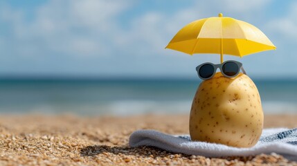 Obraz premium A potato with sunglasses and a yellow umbrella on the beach, AI