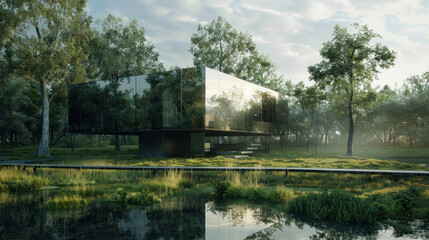 Fototapeta premium A minimalist lifestyle where homes are made entirely of mirrors, reflecting the surrounding environment and blending seamlessly with nature