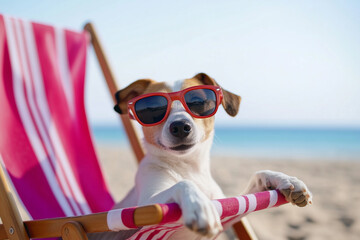A dog lounging on a beach chair wearing sunglasses, capturing a funny and lighthearted vacation moment
