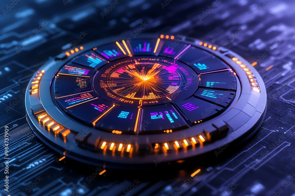 Poster Abstract circular chart, with glowing segments representing key business data points