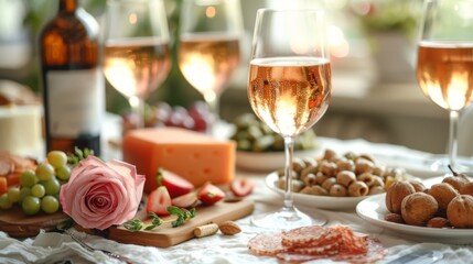 Autumn or fall season. wine glasses at dining table with various snacks, small trousers and cheese board on white linen clothed dinner party table in sunny living room. Golden hour light.