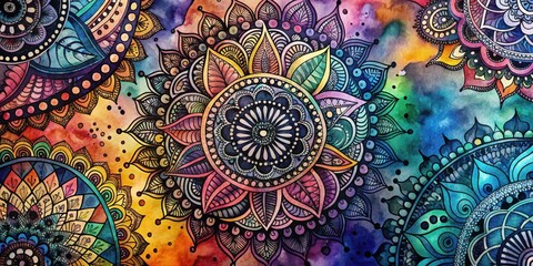 Watercolor painting of intricate designs on a black ink canvas, watercolor, painting, intricate, designs, black, ink, canvas