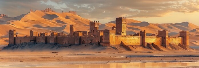 old Arab fortified city. in the background, a sandy desert with dunes rises above it