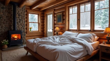 Winter Cozy bedroom in a wooden house with large windows and a view of the winter forest.