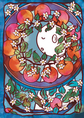 Serene Dream: A whimsical illustration, in a stained-glass style, depicts a stylized moon amidst a blooming apple tree with a vibrant backdrop. The image evokes a sense of peace and tranquility.  